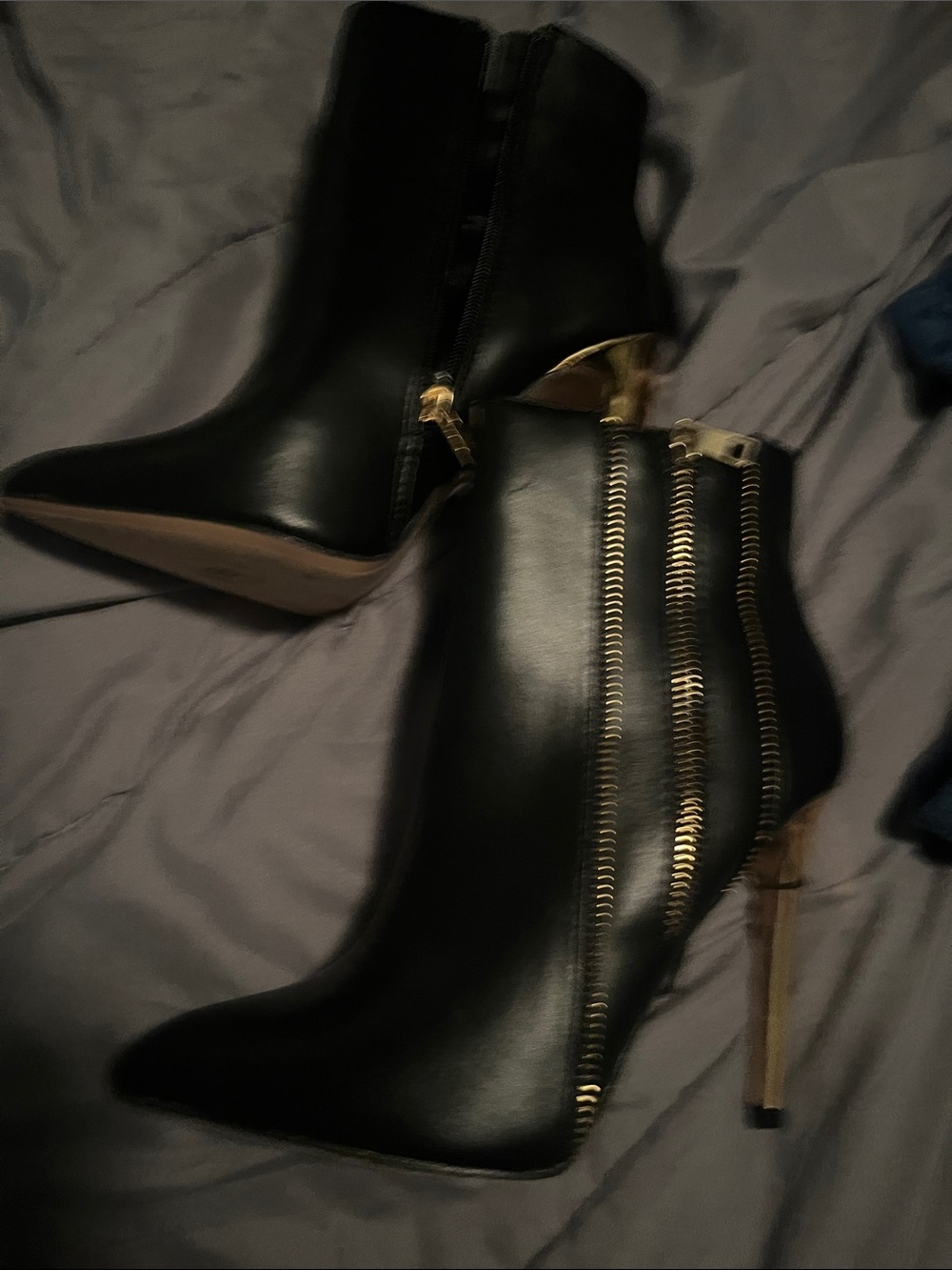 Nicole Miller Black Pointed Toe Ankle Boots with Gold Zipper Detail